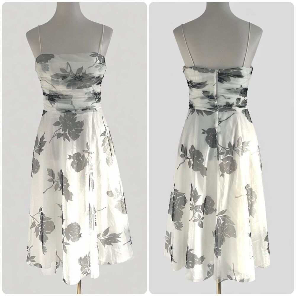 Vintage Jessica Howard Y2K White Black Floral Mesh Overlay Midi Dress Womens 8